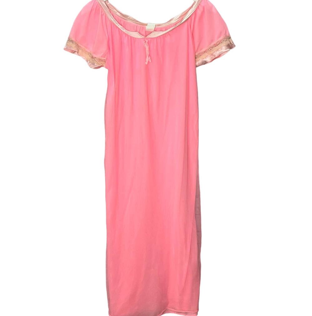Vintage Julius Nylon Sheer Overlay Nightgown Pink Short Sleeve Size M 70s